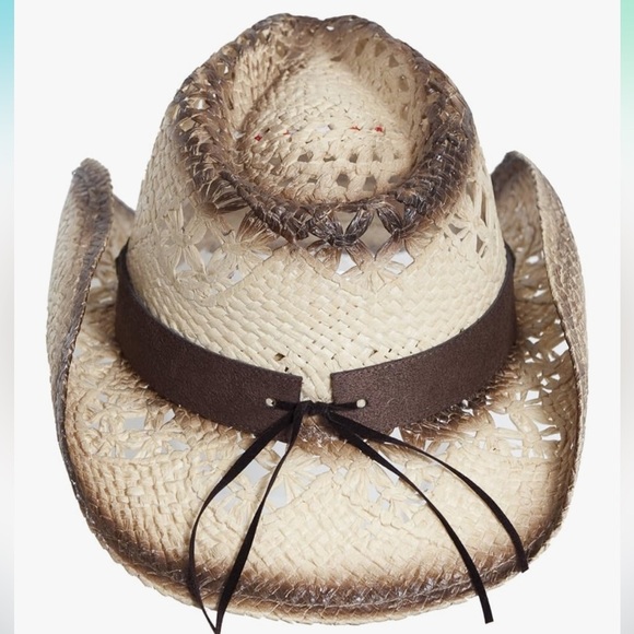 Cowboy cowgirl Cream white with Brown Straw Cowboy Hat with embellished band - Picture 3 of 4